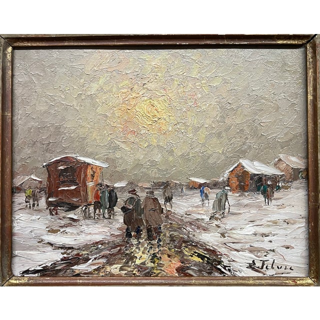 A winter landscape by French painter E. Febvre. The painting is an oil-on-board piece executed in an Impressionistic...