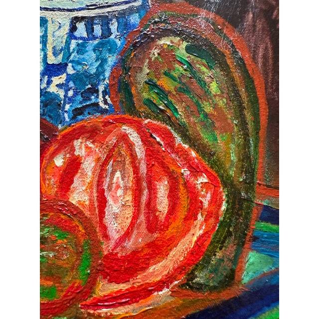 Colorful Still Life With Blue Pitcher, Oil Painting For Sale - Image 9 of 12