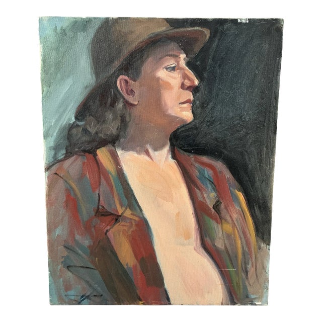 Vintage Modern Realist Signed Portrait Painting of a Woman Wearing a Hat For Sale