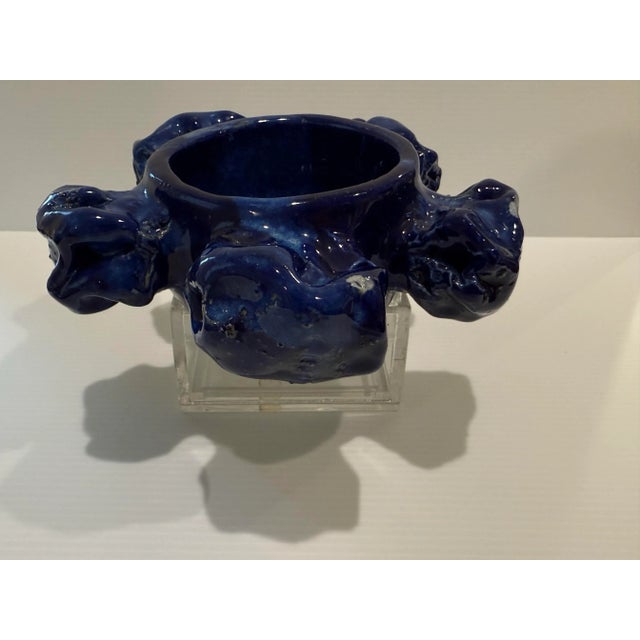 Ceramic Scandinavian Modern Pentik Kaamoskivi Sculptural Blue Candle Holder, Finland For Sale - Image 7 of 12