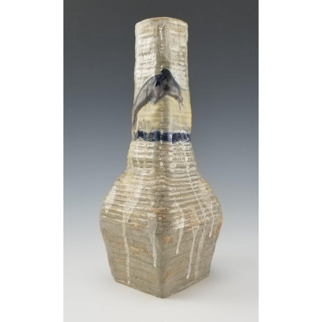 1990s Studio Art Pottery Vase Drip Glaze Stoneware Handmade Ceramic Beige Cobalt Blue For Sale - Image 5 of 8