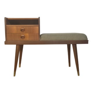 Mid-Century Scandinavian Teak and Green Fabric Entryway Bench, 1960s For Sale