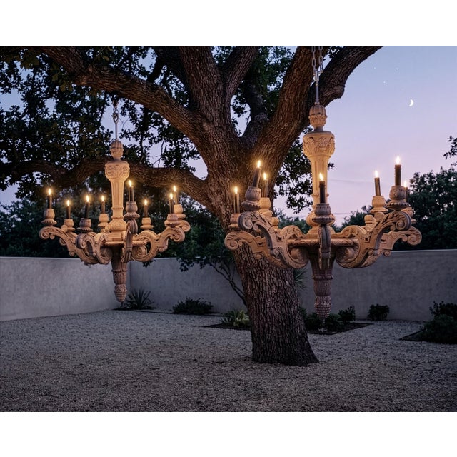 A beautifully crafted pair of "19th C. French Baroque Wood 8-Arm" non-electrified chandeliers or hanging candelabras...