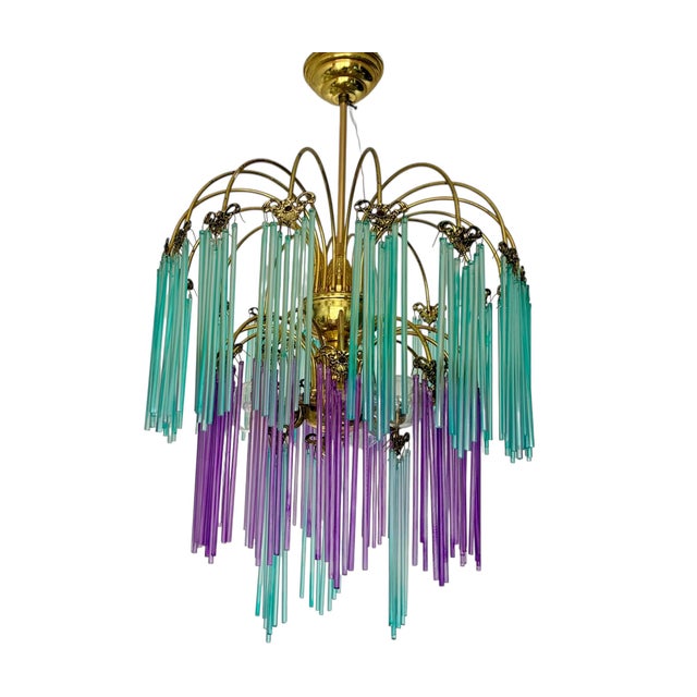 1980s One-of-a-Kind Hand-Painted Spanish Glass Rod Chandelier in Turquoise & Purple – 3 Lights For Sale - Image 4 of 16