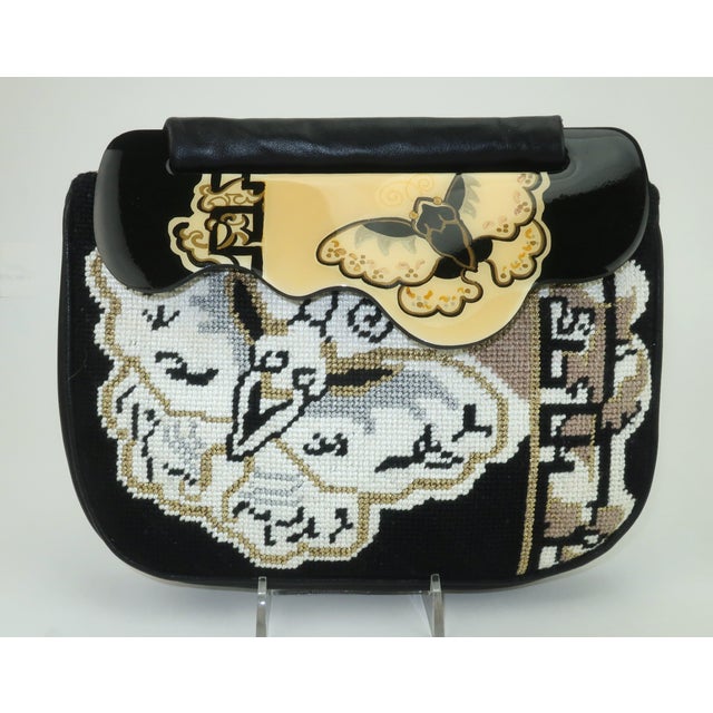 Moon Bags by Patricia Smith Needlepoint Leather & Hand Painted Lacquer Wood Handbag For Sale - Image 14 of 15