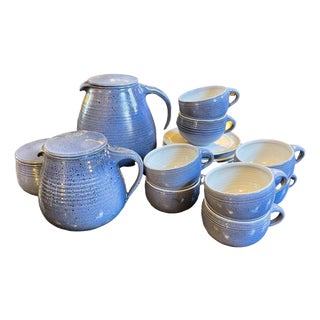Blue Glazed Ceramic Coffee Service by Bernard Thiran, 1970s, Set of 17 For Sale