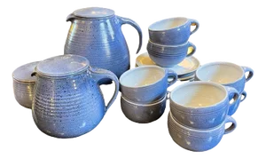 Blue Glazed Ceramic Coffee Service by Bernard Thiran, 1970s, Set of 17