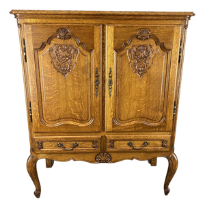 Vintage French Louis XVI Style Carved Oak Cupboard with Drawers