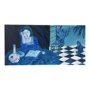 Contemporary Fauvist Interior Scene Acrylic Painting of Woman Reading with Cat