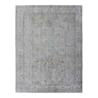 Vintage Tabriz Rug With Soft Floral Medallion Design in Neutral Distressed Tones 9'8 X 12'6 For Sale