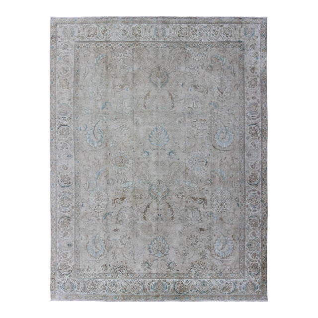 Vintage Tabriz Rug With Soft Floral Medallion Design in Neutral Distressed Tones 9'8 X 12'6 For Sale