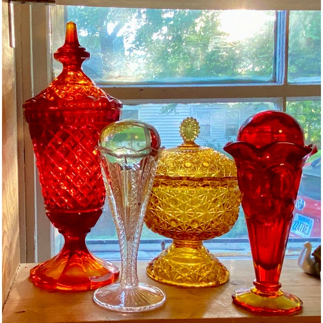 Mid 20th Century Mid 20th Century Sparkling Candy Dish & Lid Daisy and Button Amber by L G Wright Glass For Sale - Image 5 of 5