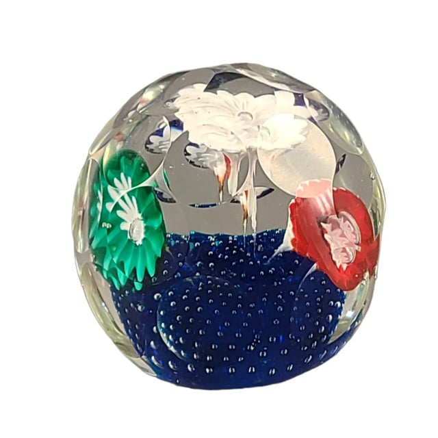 Mid 20th Century Vintage Attributed Murano Art Glass Paperweight Cut Faceted Colorful Floral For Sale - Image 5 of 5