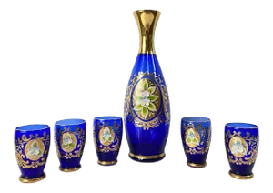 Antique 1900s Blue Glass Gold Flower Petal Leaf Decanter Mini Glasses Barware - Set of 6