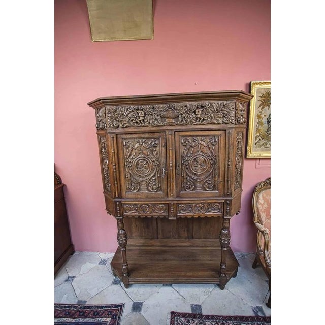 A solid oak cabinet decorated with rich carvings. Solid oak panels with Renaissance motifs carved into them form the...