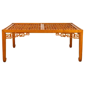 Chinese Elmwood Square Coffee Table With Open Fretwork and Horse-Hoof Legs