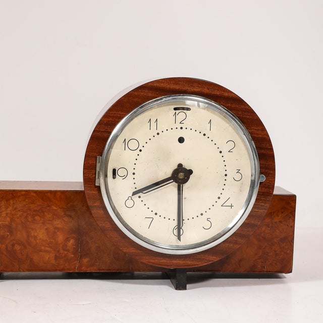 Wood Art Deco Machine Age Burled Walnut With Aluminum Banded Detail Electric Clock For Sale - Image 7 of 12