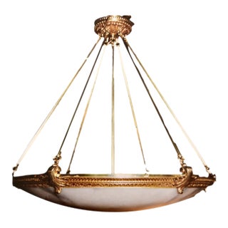 French Empire Style Imported Alabaster and Brass Chandelier With Ornate Rim and Canopy For Sale