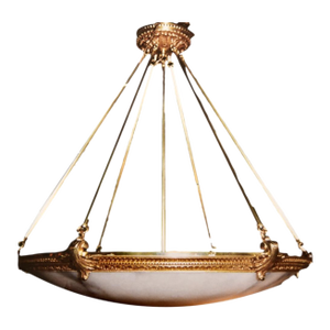 French Empire Style Imported Alabaster and Brass Chandelier With Ornate Rim and Canopy