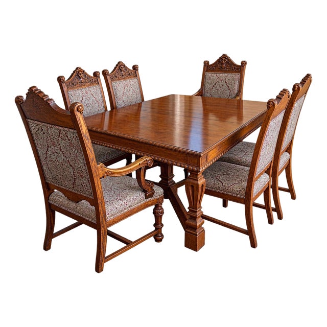 19th Century Antique Oak Dining Set With 6 Chairs Total Includes 2 Armchairs For Sale