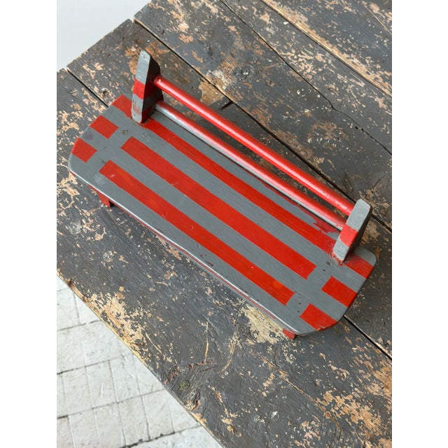 Wood Vintage Gray + Red Painted Mini Bench, CIrca Mid-20th Century For Sale - Image 7 of 14