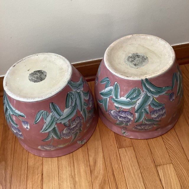 Vintage Pair of Chinoiserie Large Porcelain Koi Fish Bowl Planters Floral Motif For Sale - Image 11 of 12