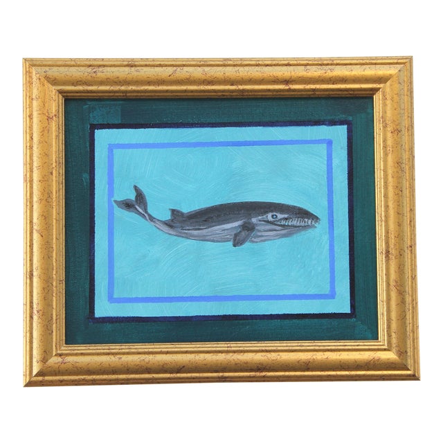 Whale Minimalism Nautical Folk Art Gray Blue Original Oil Painting by Cleo Plowden For Sale