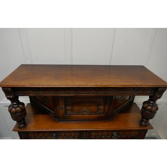 Brown 19th Century Arts & Crafts Gothic Carved Oak Court Cupboard, 1900s For Sale - Image 8 of 9