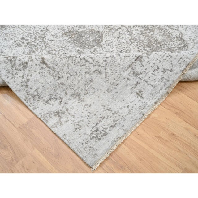 Gray, Broken Persian Design, Hand Knotted Wool and Pure Silk, Square Oriental Rug For Sale - Image 4 of 12