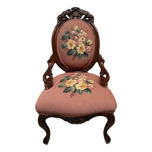 American Wood Carving Company Needlepoint Sitting Chair, Vintage For Sale