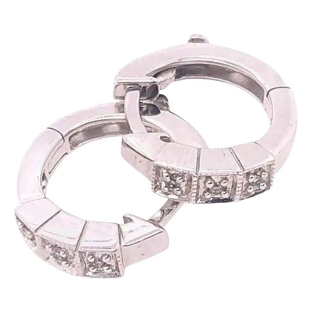 14 Karat White Gold and Diamond Small Hoop Earrings For Sale