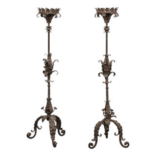 Mid 20th Century French Forged Iron Floor Candlesticks, 5 Ft Tall For Sale