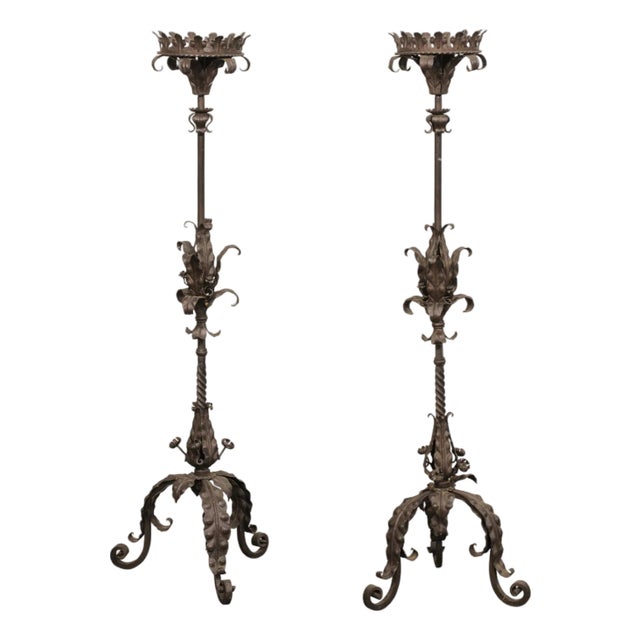Mid 20th Century French Forged Iron Floor Candlesticks, 5 Ft Tall For Sale