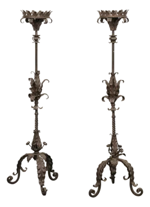 Mid 20th Century French Forged Iron Floor Candlesticks, 5 Ft Tall