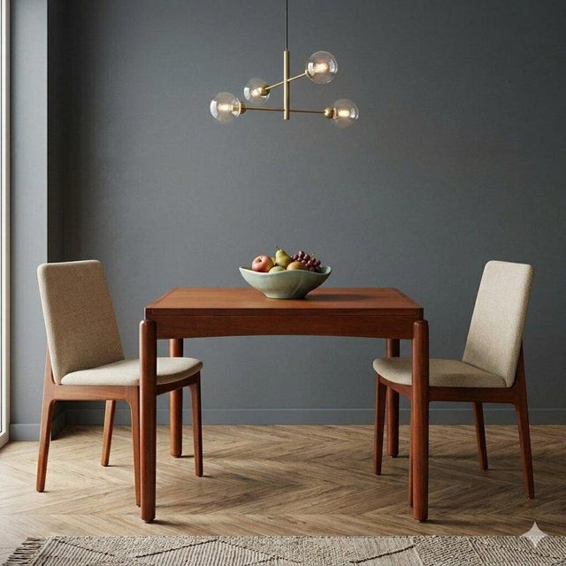 Vintage Italian-made dining table made of wood with teak veneer, featuring a square top that can be extended with...