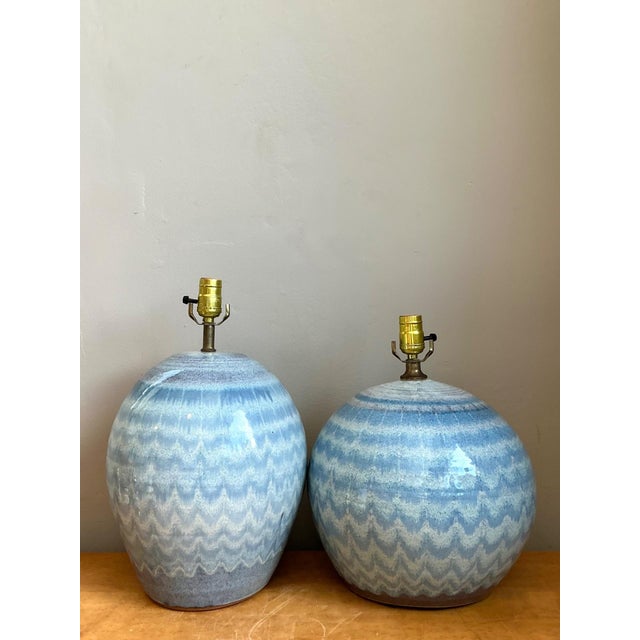 Vintage Blue Glazed Ceramic Table Lamps - Set of 2 For Sale - Image 14 of 18