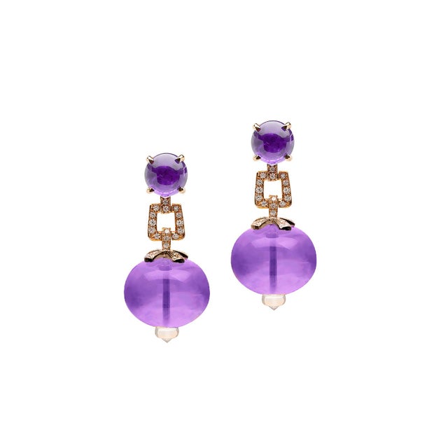 Beyond' Amethyst Bead And Cabochon Earrings with Diamonds in 18K Yellow Gold. Stone Approx Size- 18 mm & 8 mm. Stone...