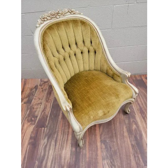 Hollywood Regency French Carved Tufted Back Lounge Chairs - Pair For Sale - Image 10 of 11