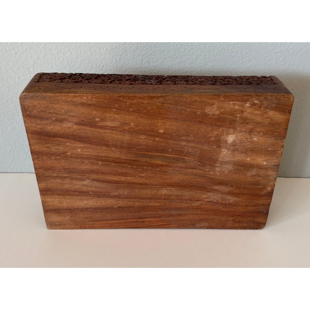 Wood Antique Anglo-Indian Kashmir Hand-Carved Wood Jewelry Box Velvet Lined 1920s For Sale - Image 7 of 18