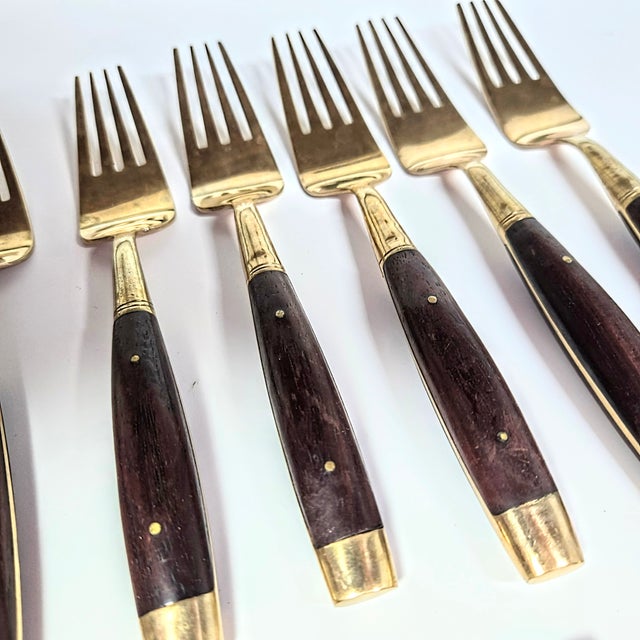 Midcentury Rosewood and Brass Salad Forks- Set of Twelve For Sale - Image 11 of 11