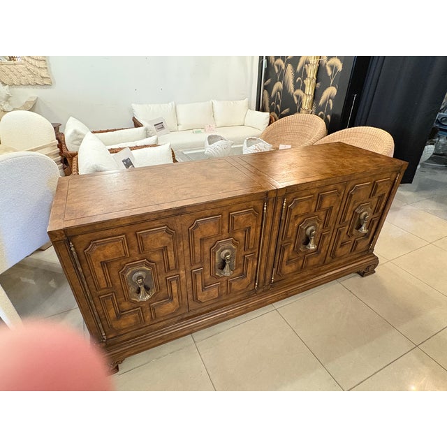 Vintage Mastercraft Credenza Sideboard 1970s Burl Wood & Brass Tassel Pulls For Sale - Image 9 of 17