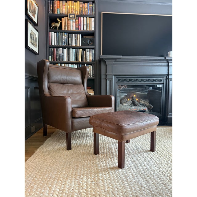 Mid-Century Modern 1960s Børge Mogensen Wingback Chair & Ottoman by Stouby | Danish Modern Leather For Sale - Image 3 of 6