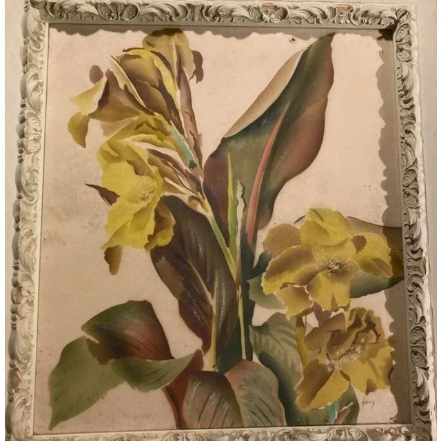 Wood 1940s Benjamin Jorj Harris Yellow Lillys Airbrushed Painting For Sale - Image 7 of 17