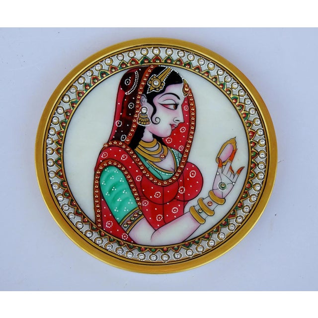 Art Deco Marble Handicraft Plate Rajasthani Women Bani Thani Tribal Ethnic Hand Painted For Sale - Image 3 of 7
