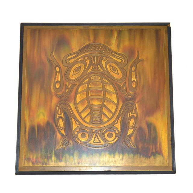 1970s Bernhard Rohne Vintage Acid Etched Brass Owl & Frog Panel Framed Art - Two For Sale - Image 5 of 13
