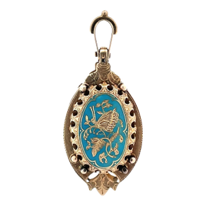 Antique 14k Gold Blue Enamel Butterfly & Floral Motif Double-Sided Pendant