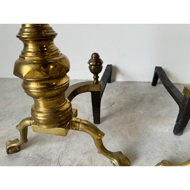 Gold Pair of Vintage American Brass & Metal Andirons With Claw and Ball Feet For Sale - Image 8 of 12