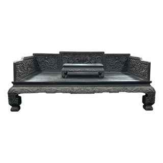 Oriental Dragon Relief Motif Solid Dense Tan Wood Luohan Daybed For Sale