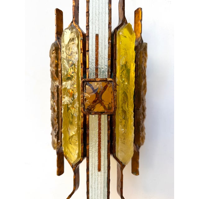 Metal Pair of Hammered Glass Wrought Iron Sconces by Longobard, Italy, 1970s For Sale - Image 7 of 12