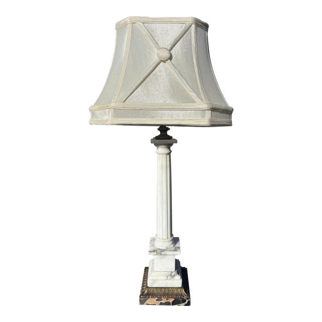 1920s Black and White Marble Lamp in the Neoclassical Style With Original Shade For Sale